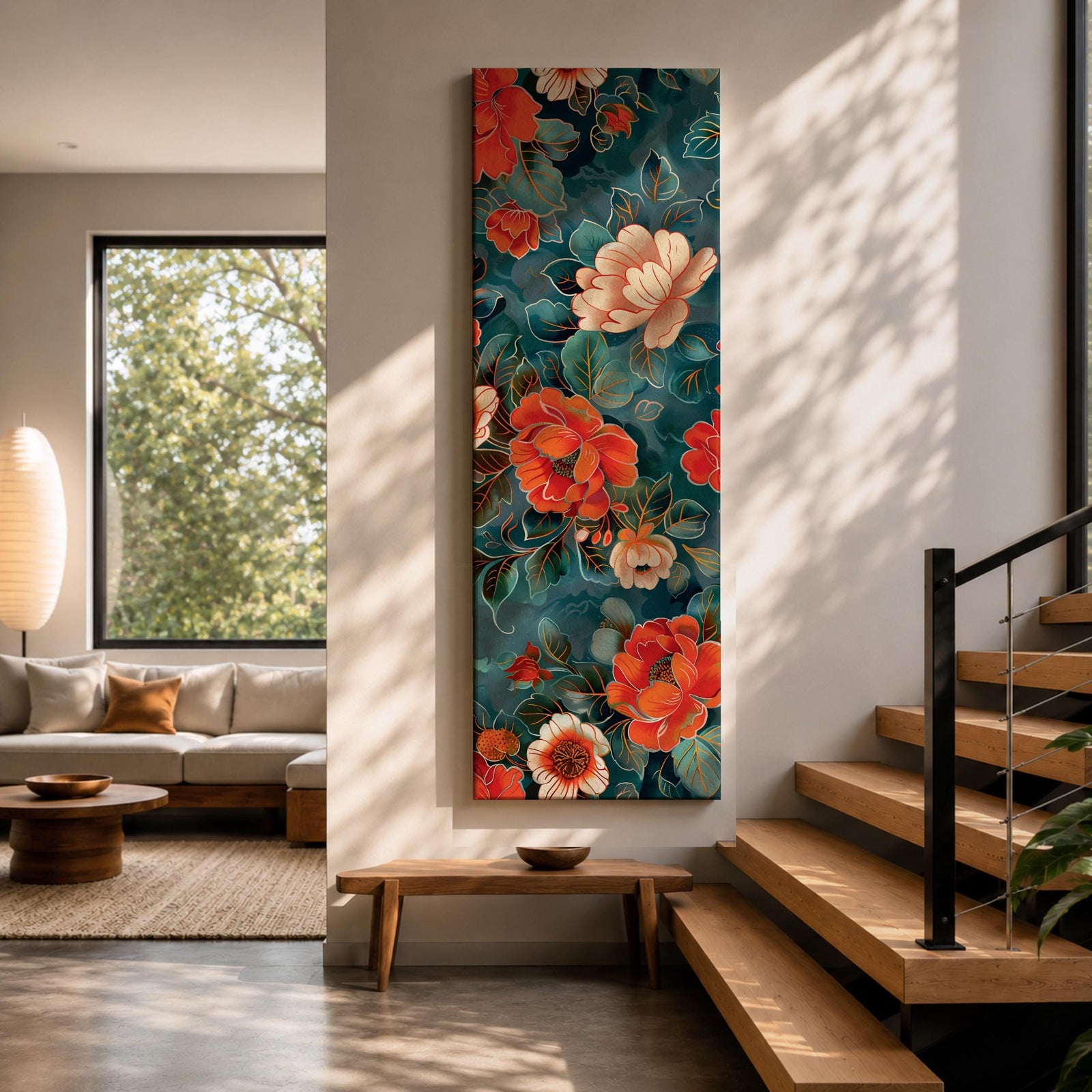 Tall vertical floral artwork featuring large peony blossoms in coral red and soft ivory tones layered across a deep teal background. Delicate botanical leaves and stems weave through the composition with fine line details and painterly shading, creating a decorative chinoiserie inspired floral pattern.