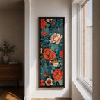 Tall vertical floral artwork featuring large peony blossoms in coral red and soft ivory tones layered across a deep teal background. Delicate botanical leaves and stems weave through the composition with fine line details and painterly shading, creating a decorative chinoiserie inspired floral pattern.