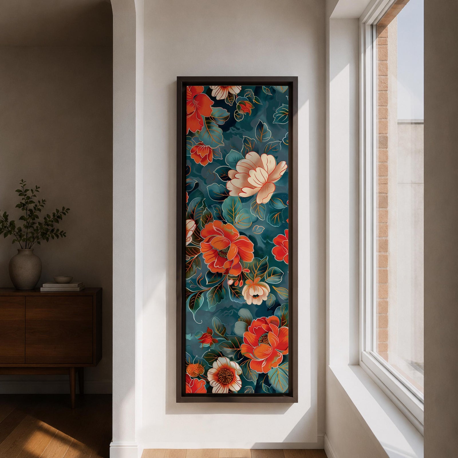 Tall vertical floral artwork featuring large peony blossoms in coral red and soft ivory tones layered across a deep teal background. Delicate botanical leaves and stems weave through the composition with fine line details and painterly shading, creating a decorative chinoiserie inspired floral pattern.