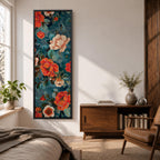 Tall vertical floral artwork featuring large peony blossoms in coral red and soft ivory tones layered across a deep teal background. Delicate botanical leaves and stems weave through the composition with fine line details and painterly shading, creating a decorative chinoiserie inspired floral pattern.