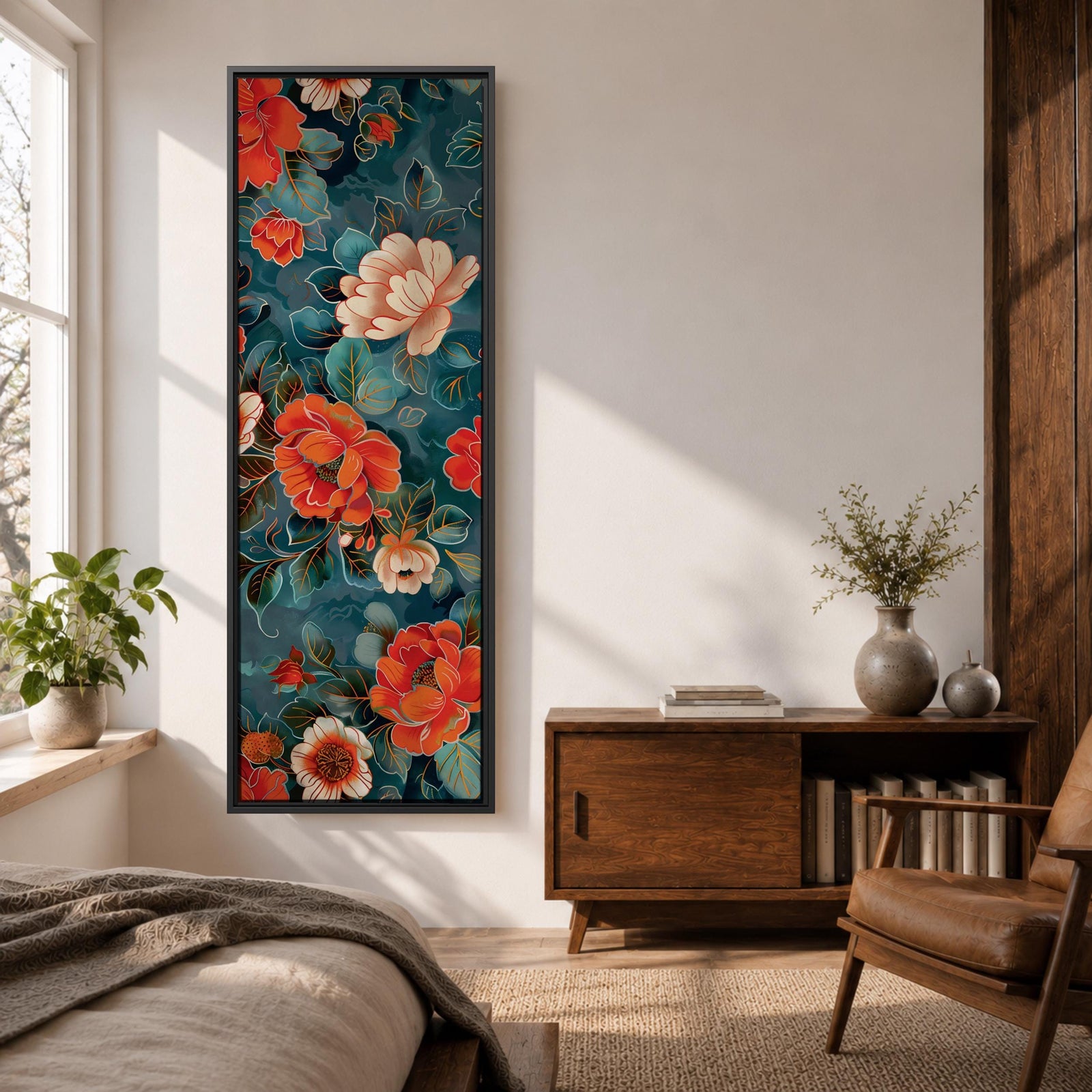 Tall vertical floral artwork featuring large peony blossoms in coral red and soft ivory tones layered across a deep teal background. Delicate botanical leaves and stems weave through the composition with fine line details and painterly shading, creating a decorative chinoiserie inspired floral pattern.