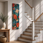 Tall vertical floral artwork featuring large peony blossoms in coral red and soft ivory tones layered across a deep teal background. Delicate botanical leaves and stems weave through the composition with fine line details and painterly shading, creating a decorative chinoiserie inspired floral pattern.