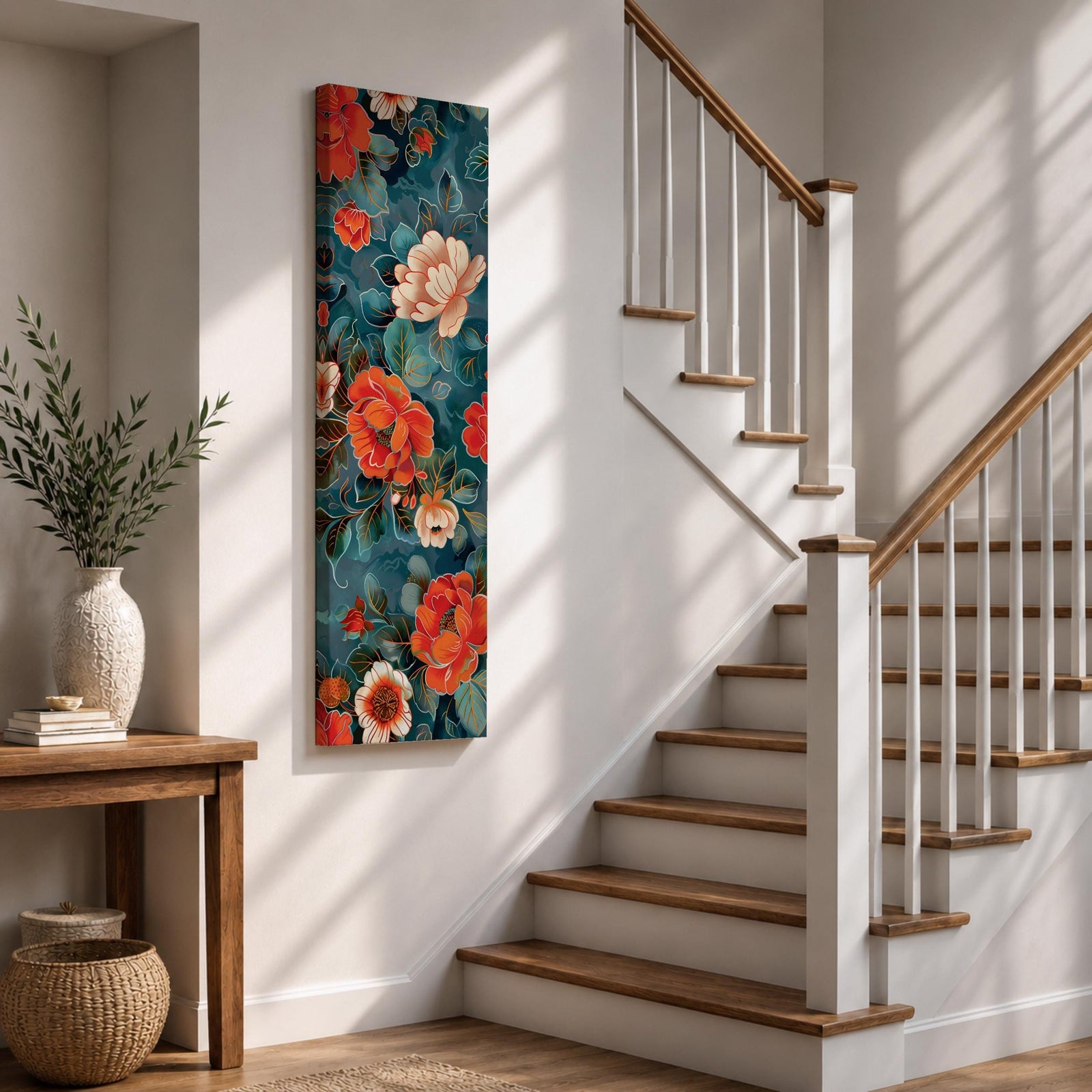 Tall vertical floral artwork featuring large peony blossoms in coral red and soft ivory tones layered across a deep teal background. Delicate botanical leaves and stems weave through the composition with fine line details and painterly shading, creating a decorative chinoiserie inspired floral pattern.