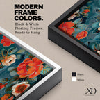 Tall vertical floral artwork featuring large peony blossoms in coral red and soft ivory tones layered across a deep teal background. Delicate botanical leaves and stems weave through the composition with fine line details and painterly shading, creating a decorative chinoiserie inspired floral pattern.