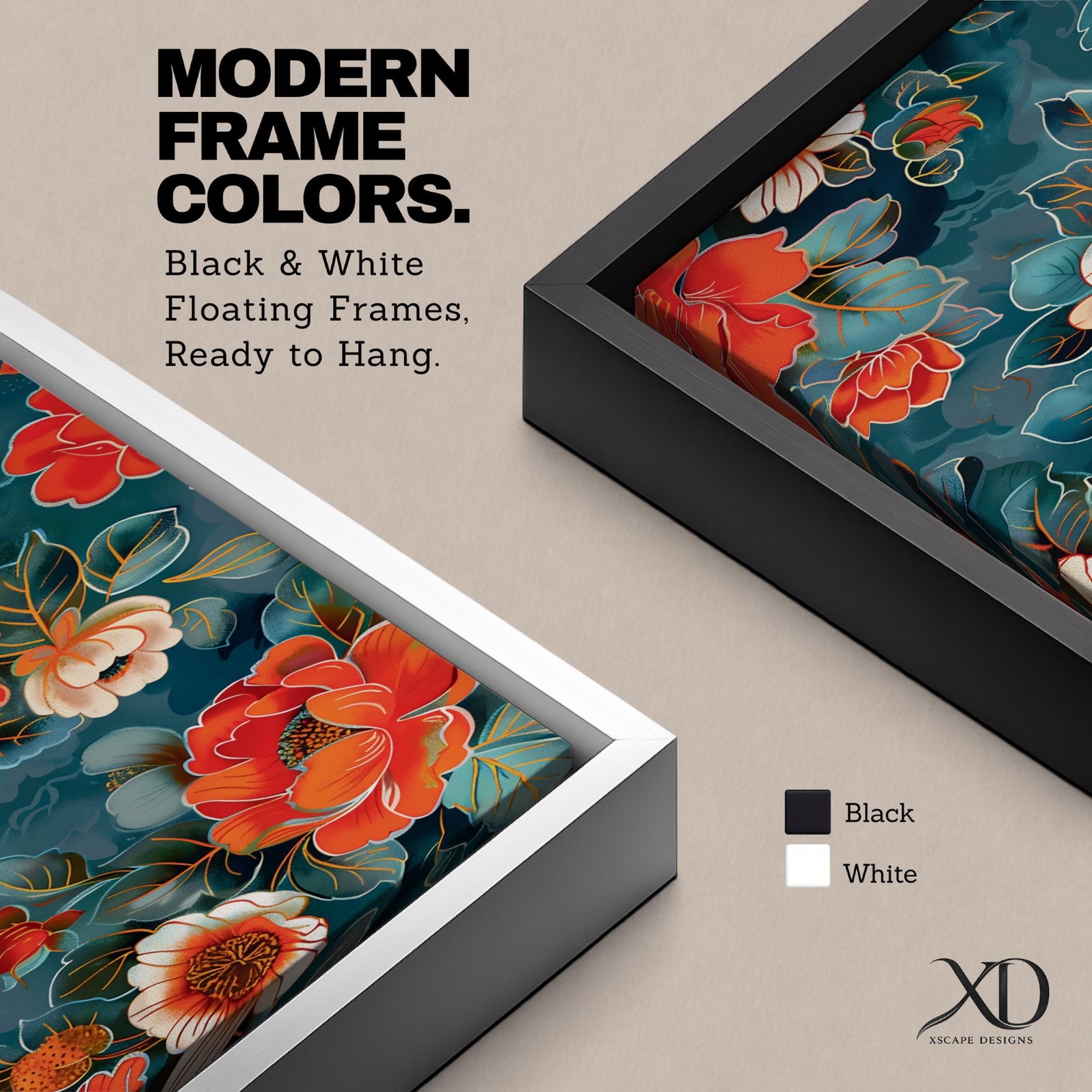 Tall vertical floral artwork featuring large peony blossoms in coral red and soft ivory tones layered across a deep teal background. Delicate botanical leaves and stems weave through the composition with fine line details and painterly shading, creating a decorative chinoiserie inspired floral pattern.