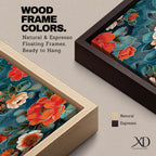 Tall vertical floral artwork featuring large peony blossoms in coral red and soft ivory tones layered across a deep teal background. Delicate botanical leaves and stems weave through the composition with fine line details and painterly shading, creating a decorative chinoiserie inspired floral pattern.