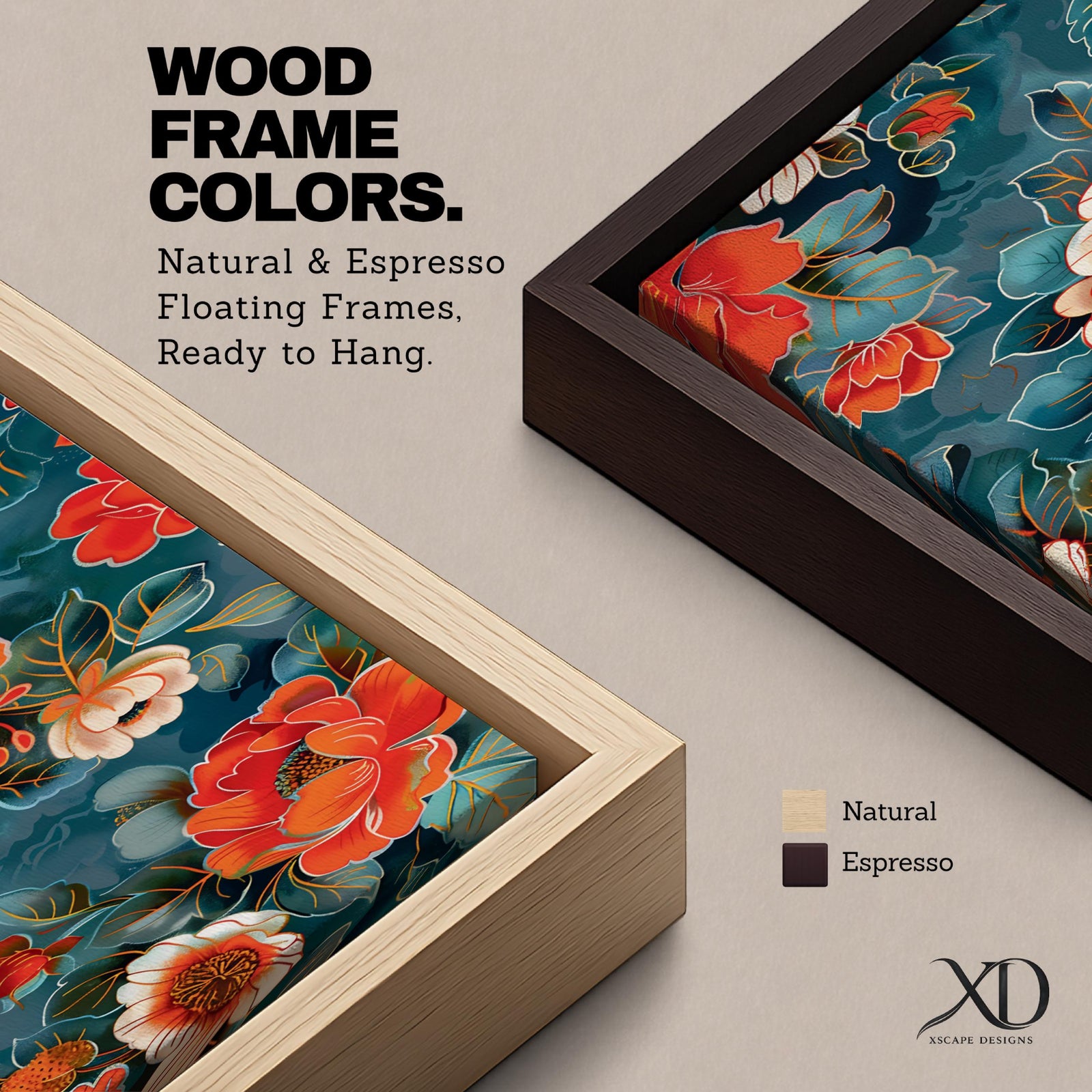 Tall vertical floral artwork featuring large peony blossoms in coral red and soft ivory tones layered across a deep teal background. Delicate botanical leaves and stems weave through the composition with fine line details and painterly shading, creating a decorative chinoiserie inspired floral pattern.