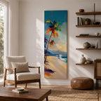 Tall vertical tropical beach painting showing leaning palm trees along a sandy shoreline with waves meeting the coast. A glowing sun hangs above distant mountains while warm golden light reflects across the water. Loose expressive brushstrokes blend turquoise sea, blue sky, and warm sand tones.