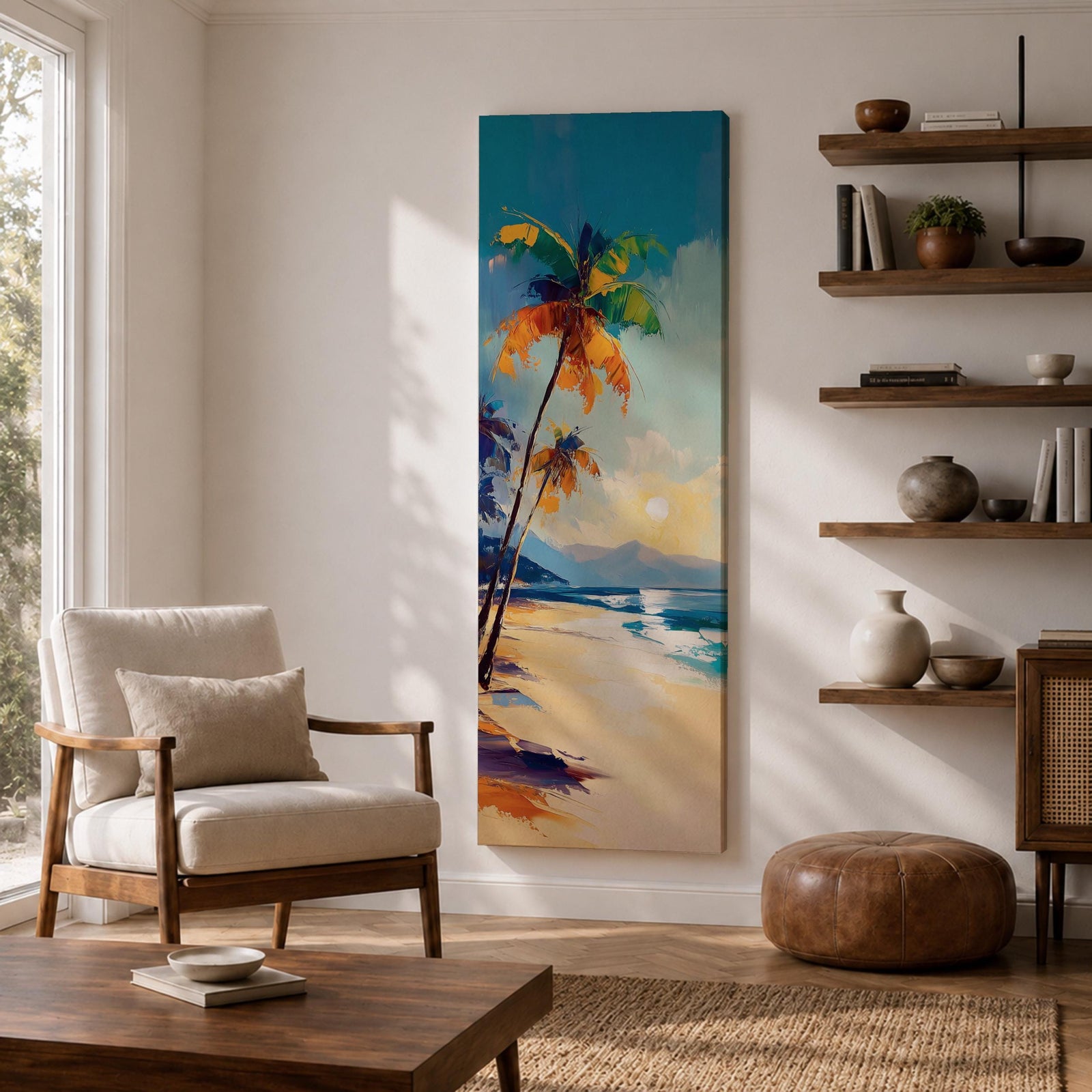 Tall vertical tropical beach painting showing leaning palm trees along a sandy shoreline with waves meeting the coast. A glowing sun hangs above distant mountains while warm golden light reflects across the water. Loose expressive brushstrokes blend turquoise sea, blue sky, and warm sand tones.