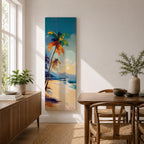 Tall vertical tropical beach painting showing leaning palm trees along a sandy shoreline with waves meeting the coast. A glowing sun hangs above distant mountains while warm golden light reflects across the water. Loose expressive brushstrokes blend turquoise sea, blue sky, and warm sand tones.