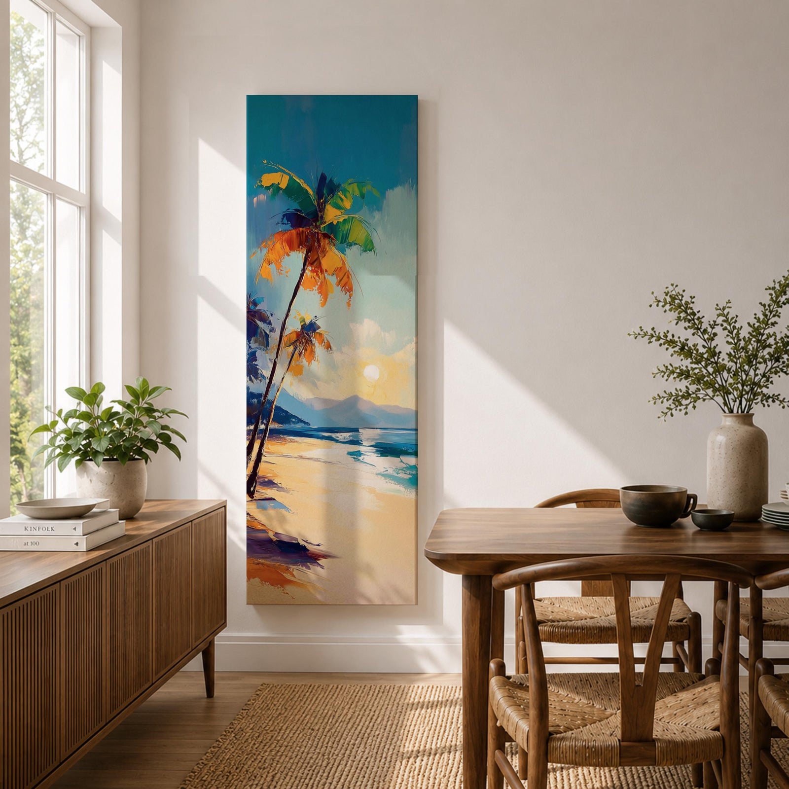 Tall vertical tropical beach painting showing leaning palm trees along a sandy shoreline with waves meeting the coast. A glowing sun hangs above distant mountains while warm golden light reflects across the water. Loose expressive brushstrokes blend turquoise sea, blue sky, and warm sand tones.