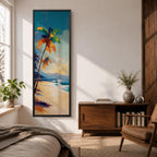 Tall vertical tropical beach painting showing leaning palm trees along a sandy shoreline with waves meeting the coast. A glowing sun hangs above distant mountains while warm golden light reflects across the water. Loose expressive brushstrokes blend turquoise sea, blue sky, and warm sand tones.