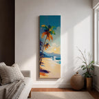 Tall vertical tropical beach painting showing leaning palm trees along a sandy shoreline with waves meeting the coast. A glowing sun hangs above distant mountains while warm golden light reflects across the water. Loose expressive brushstrokes blend turquoise sea, blue sky, and warm sand tones.