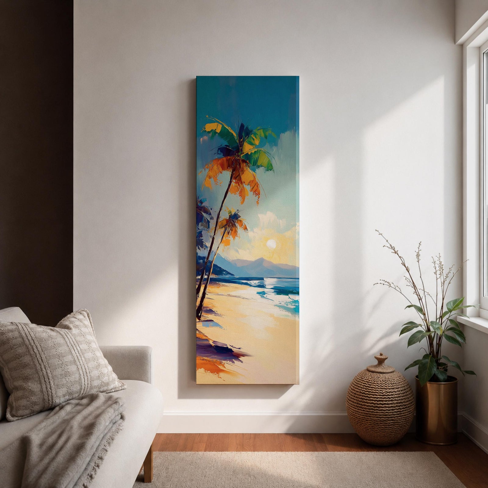 Tall vertical tropical beach painting showing leaning palm trees along a sandy shoreline with waves meeting the coast. A glowing sun hangs above distant mountains while warm golden light reflects across the water. Loose expressive brushstrokes blend turquoise sea, blue sky, and warm sand tones.