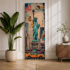 Tall vertical urban artwork depicting the Statue of Liberty rising above a New York City street scene with yellow taxi cabs, American flag, and surrounding skyscrapers. The composition blends collage textures and watercolor tones with the statue centered prominently against layered city buildings.