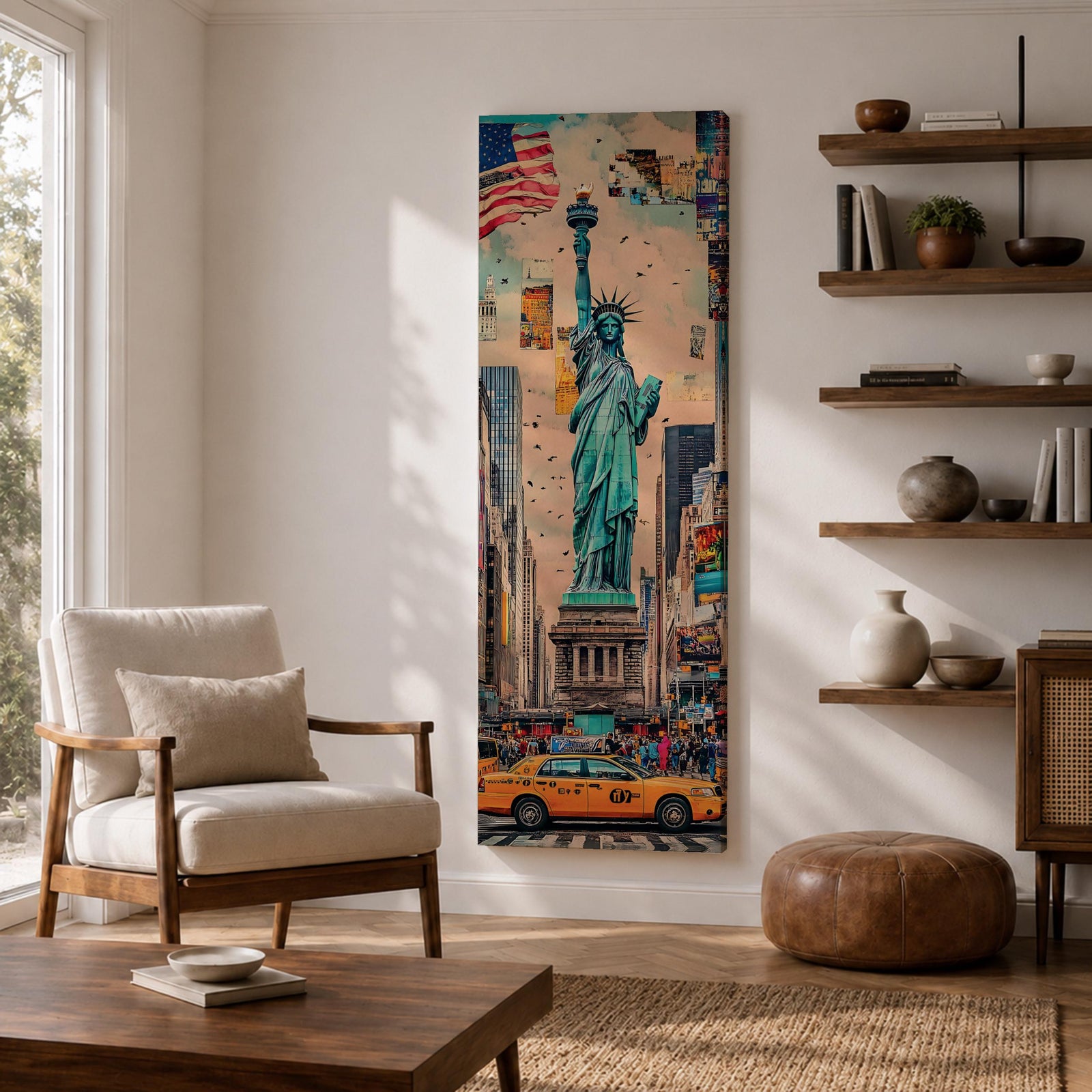 Tall vertical urban artwork depicting the Statue of Liberty rising above a New York City street scene with yellow taxi cabs, American flag, and surrounding skyscrapers. The composition blends collage textures and watercolor tones with the statue centered prominently against layered city buildings.