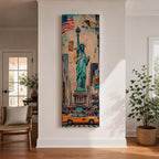 Tall vertical urban artwork depicting the Statue of Liberty rising above a New York City street scene with yellow taxi cabs, American flag, and surrounding skyscrapers. The composition blends collage textures and watercolor tones with the statue centered prominently against layered city buildings.
