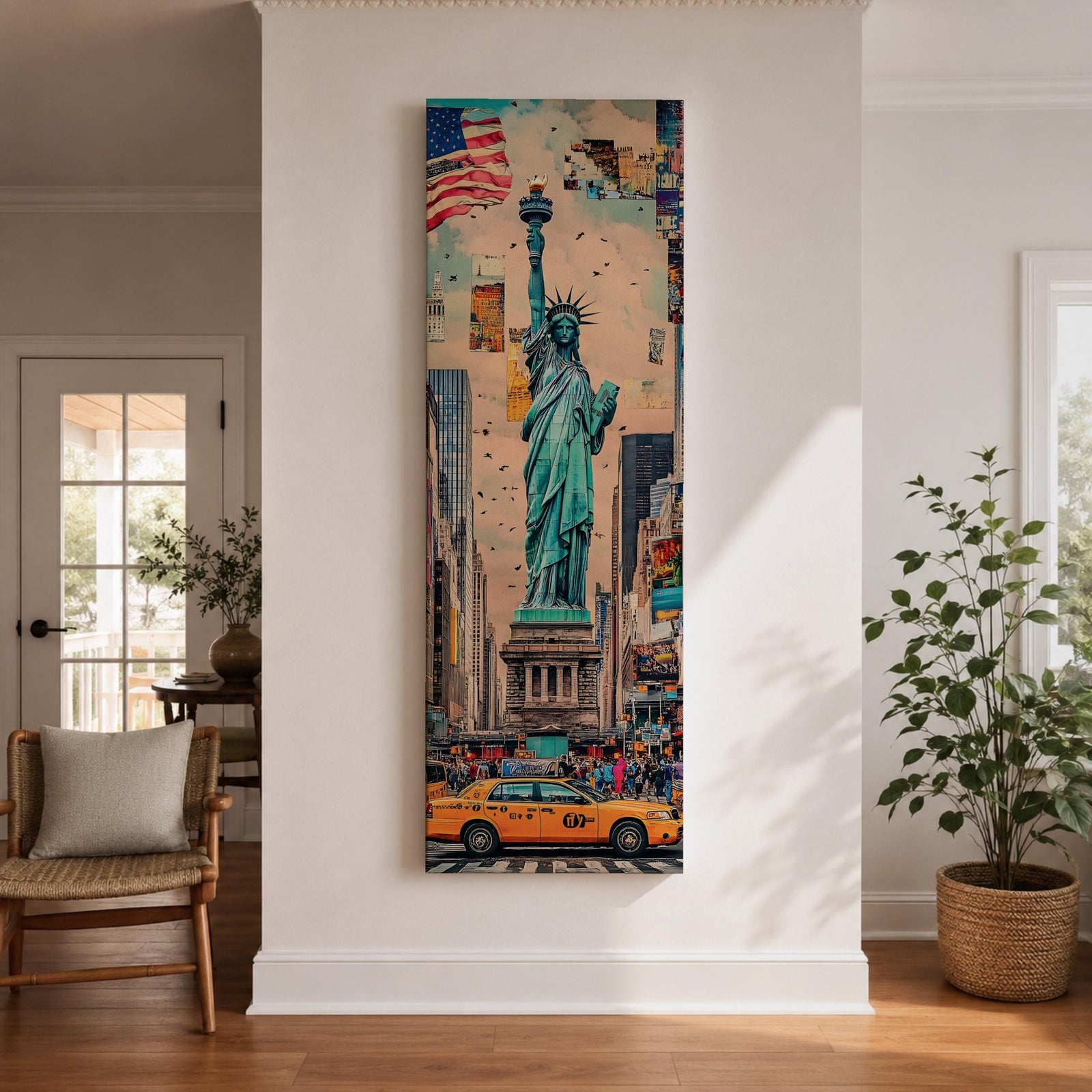 Tall vertical urban artwork depicting the Statue of Liberty rising above a New York City street scene with yellow taxi cabs, American flag, and surrounding skyscrapers. The composition blends collage textures and watercolor tones with the statue centered prominently against layered city buildings.