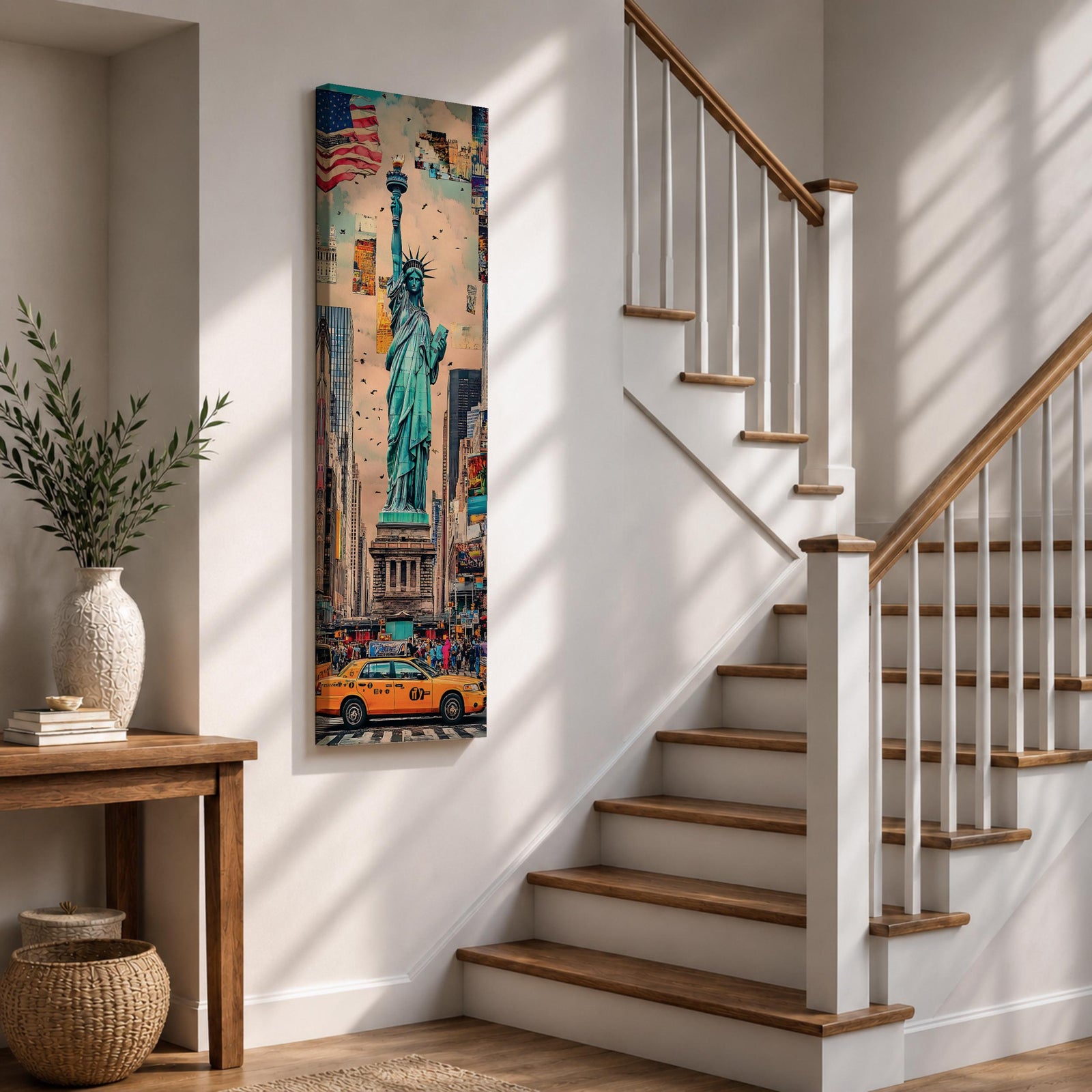 Tall vertical urban artwork depicting the Statue of Liberty rising above a New York City street scene with yellow taxi cabs, American flag, and surrounding skyscrapers. The composition blends collage textures and watercolor tones with the statue centered prominently against layered city buildings.