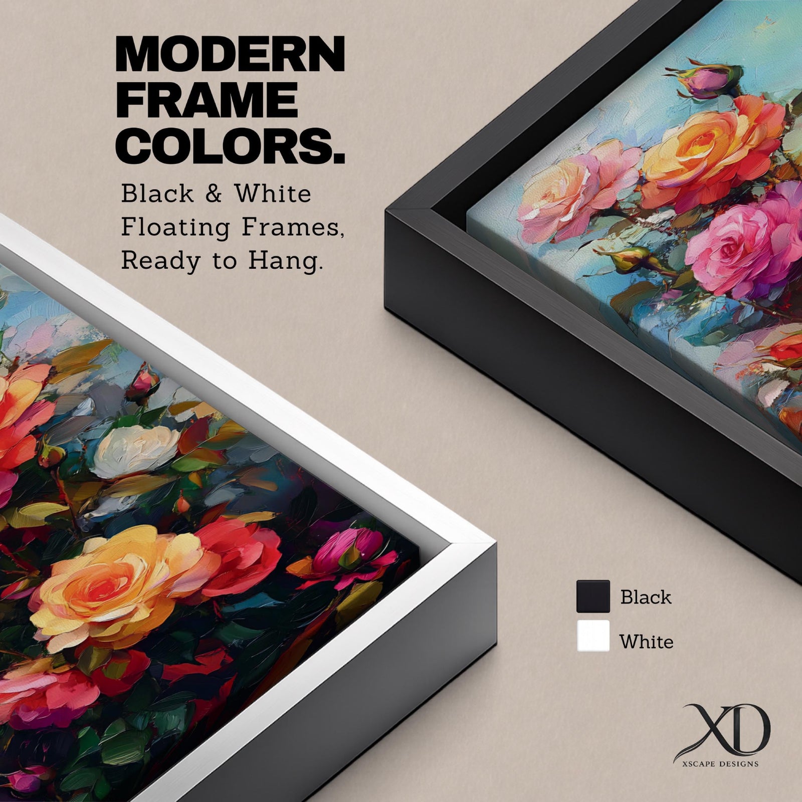 Tall vertical floral painting featuring a lush column of blooming roses in shades of coral, peach, pink, and soft yellow. Layered petals and rosebuds rise along green stems with expressive palette knife brushstrokes and soft sky tones in the background creating a vibrant botanical composition.