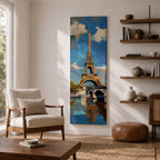 Tall vertical painting of the Eiffel Tower rising above the Seine River with a bridge spanning the water below. The tower reflects across the calm river while bright blue sky and soft clouds frame the landmark, rendered with expressive palette knife brushstrokes and bold contrasts of gold, blue, and white.