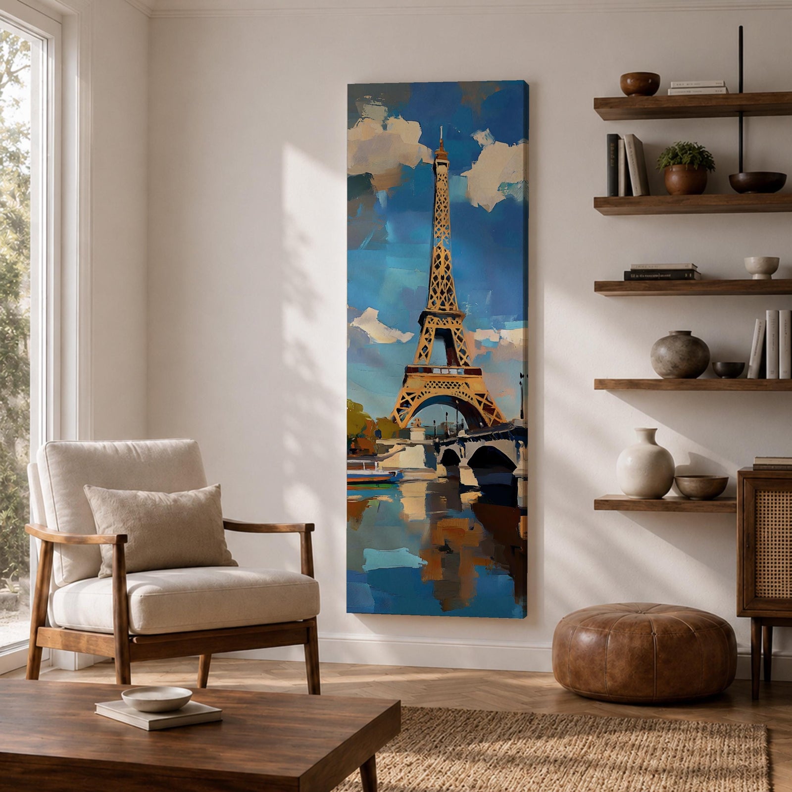 Tall vertical painting of the Eiffel Tower rising above the Seine River with a bridge spanning the water below. The tower reflects across the calm river while bright blue sky and soft clouds frame the landmark, rendered with expressive palette knife brushstrokes and bold contrasts of gold, blue, and white.