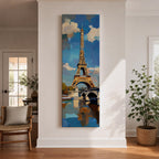 Tall vertical painting of the Eiffel Tower rising above the Seine River with a bridge spanning the water below. The tower reflects across the calm river while bright blue sky and soft clouds frame the landmark, rendered with expressive palette knife brushstrokes and bold contrasts of gold, blue, and white.