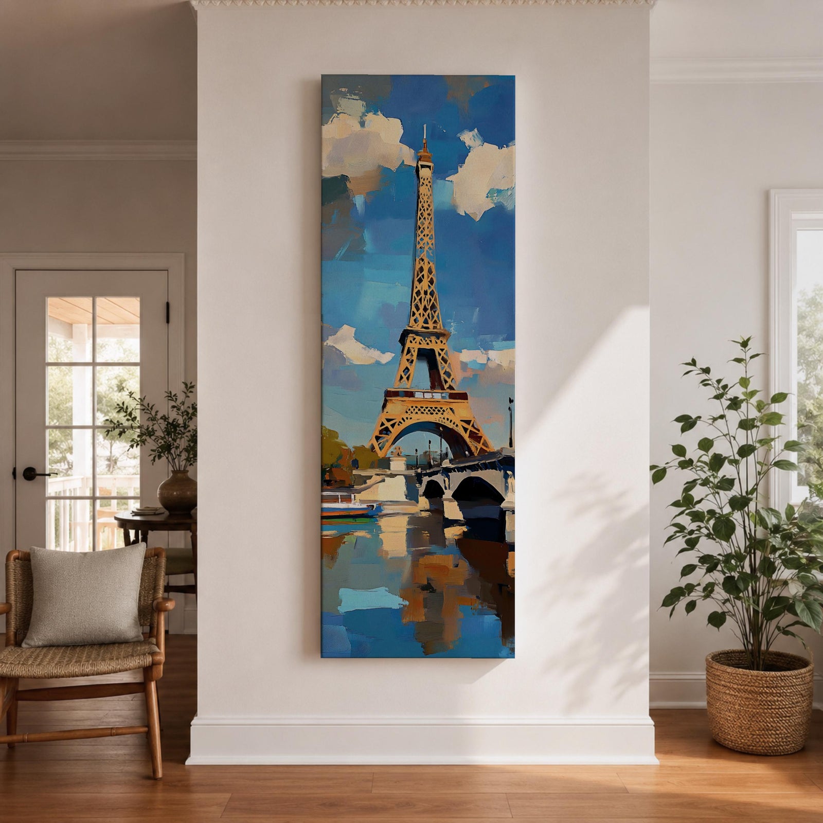 Tall vertical painting of the Eiffel Tower rising above the Seine River with a bridge spanning the water below. The tower reflects across the calm river while bright blue sky and soft clouds frame the landmark, rendered with expressive palette knife brushstrokes and bold contrasts of gold, blue, and white.