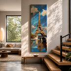 Tall vertical painting of the Eiffel Tower rising above the Seine River with a bridge spanning the water below. The tower reflects across the calm river while bright blue sky and soft clouds frame the landmark, rendered with expressive palette knife brushstrokes and bold contrasts of gold, blue, and white.