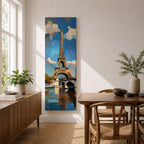 Tall vertical painting of the Eiffel Tower rising above the Seine River with a bridge spanning the water below. The tower reflects across the calm river while bright blue sky and soft clouds frame the landmark, rendered with expressive palette knife brushstrokes and bold contrasts of gold, blue, and white.
