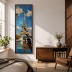Tall vertical painting of the Eiffel Tower rising above the Seine River with a bridge spanning the water below. The tower reflects across the calm river while bright blue sky and soft clouds frame the landmark, rendered with expressive palette knife brushstrokes and bold contrasts of gold, blue, and white.