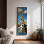 Tall vertical painting of the Eiffel Tower rising above the Seine River with a bridge spanning the water below. The tower reflects across the calm river while bright blue sky and soft clouds frame the landmark, rendered with expressive palette knife brushstrokes and bold contrasts of gold, blue, and white.