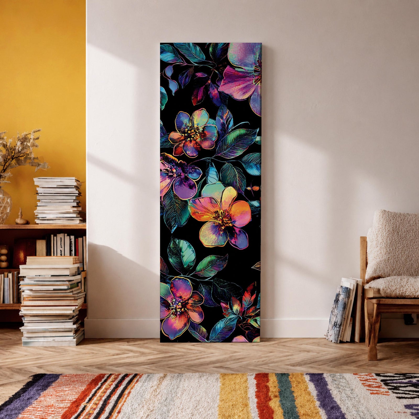 Tall vertical botanical artwork featuring glowing neon flowers in vibrant rainbow colors against a deep black background. Large luminous blossoms in pink, orange, purple, and blue are surrounded by detailed leaves, creating a modern floral composition with bold contrast and iridescent color transitions.