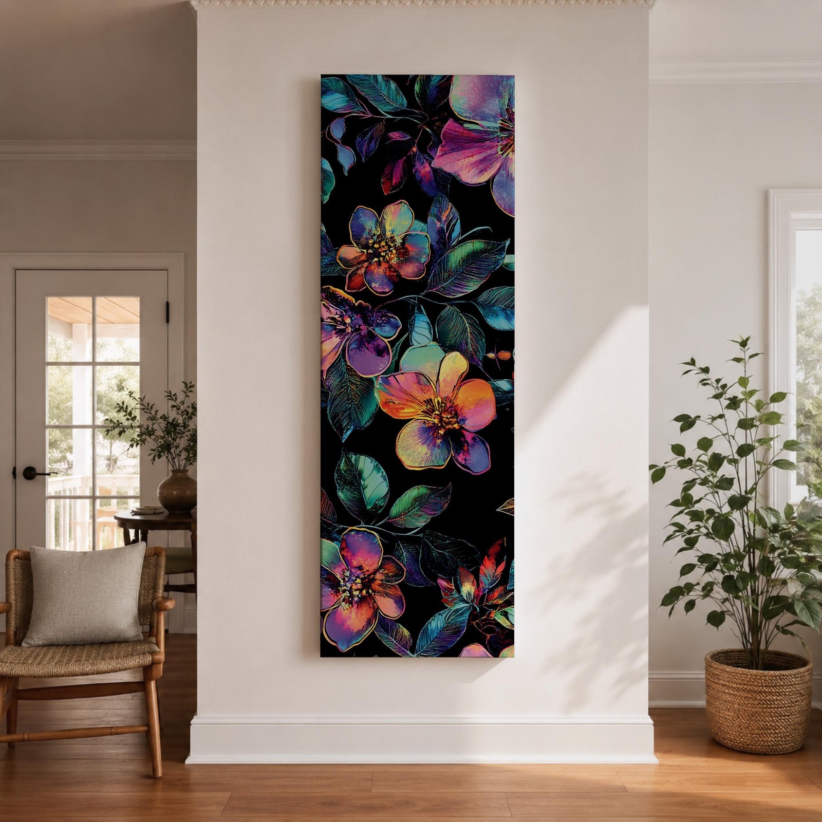 Tall vertical botanical artwork featuring glowing neon flowers in vibrant rainbow colors against a deep black background. Large luminous blossoms in pink, orange, purple, and blue are surrounded by detailed leaves, creating a modern floral composition with bold contrast and iridescent color transitions.