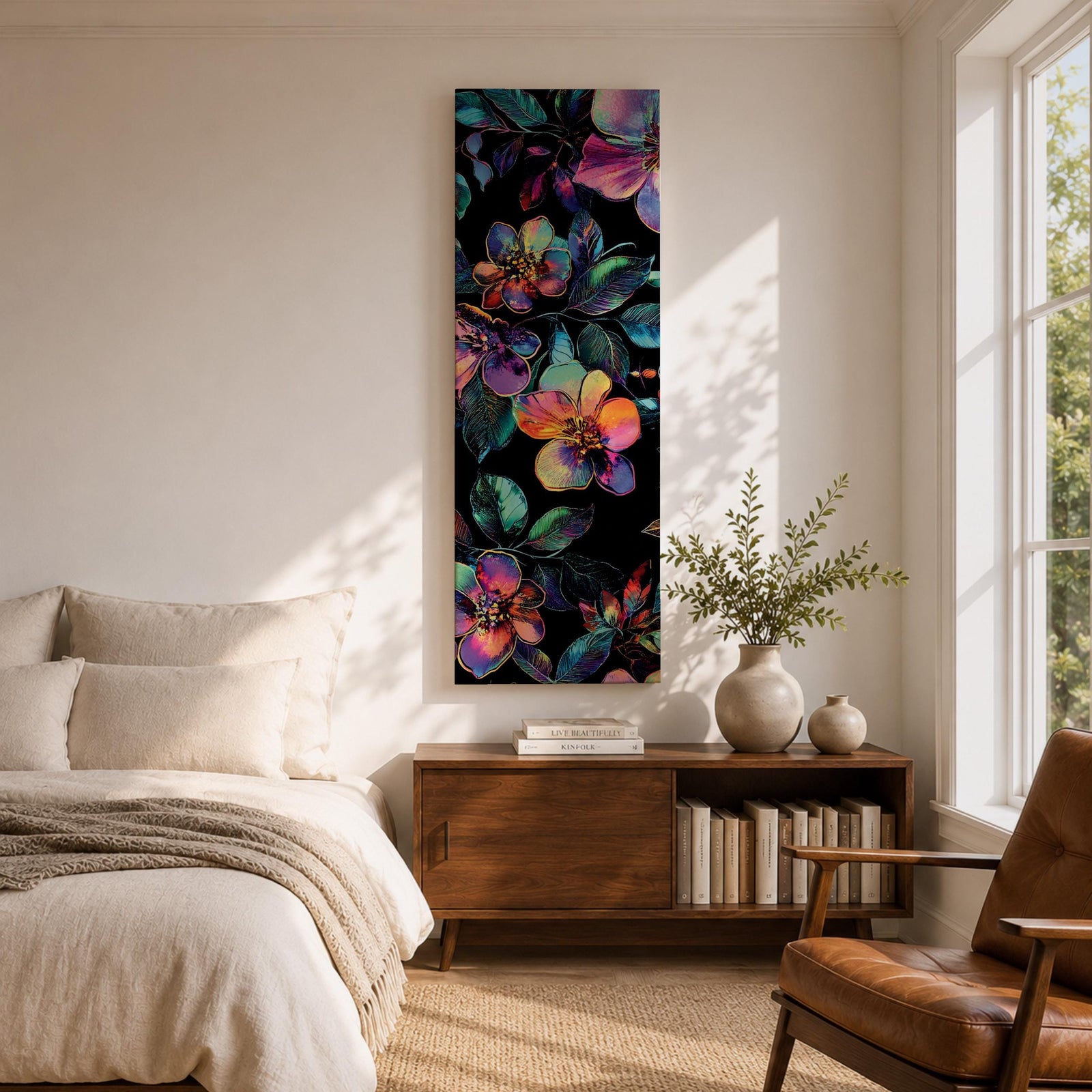 Tall vertical botanical artwork featuring glowing neon flowers in vibrant rainbow colors against a deep black background. Large luminous blossoms in pink, orange, purple, and blue are surrounded by detailed leaves, creating a modern floral composition with bold contrast and iridescent color transitions.