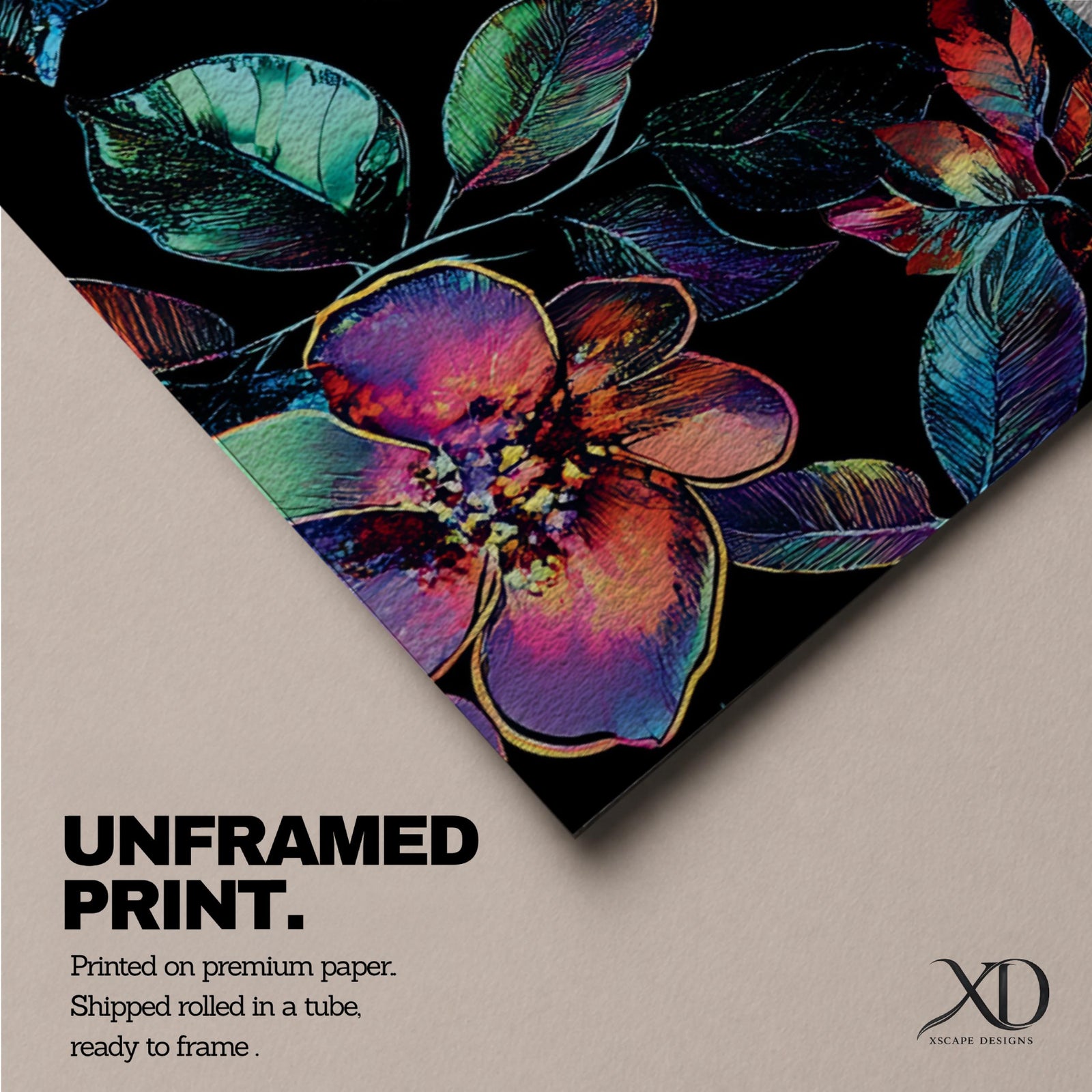 Tall vertical botanical artwork featuring glowing neon flowers in vibrant rainbow colors against a deep black background. Large luminous blossoms in pink, orange, purple, and blue are surrounded by detailed leaves, creating a modern floral composition with bold contrast and iridescent color transitions.