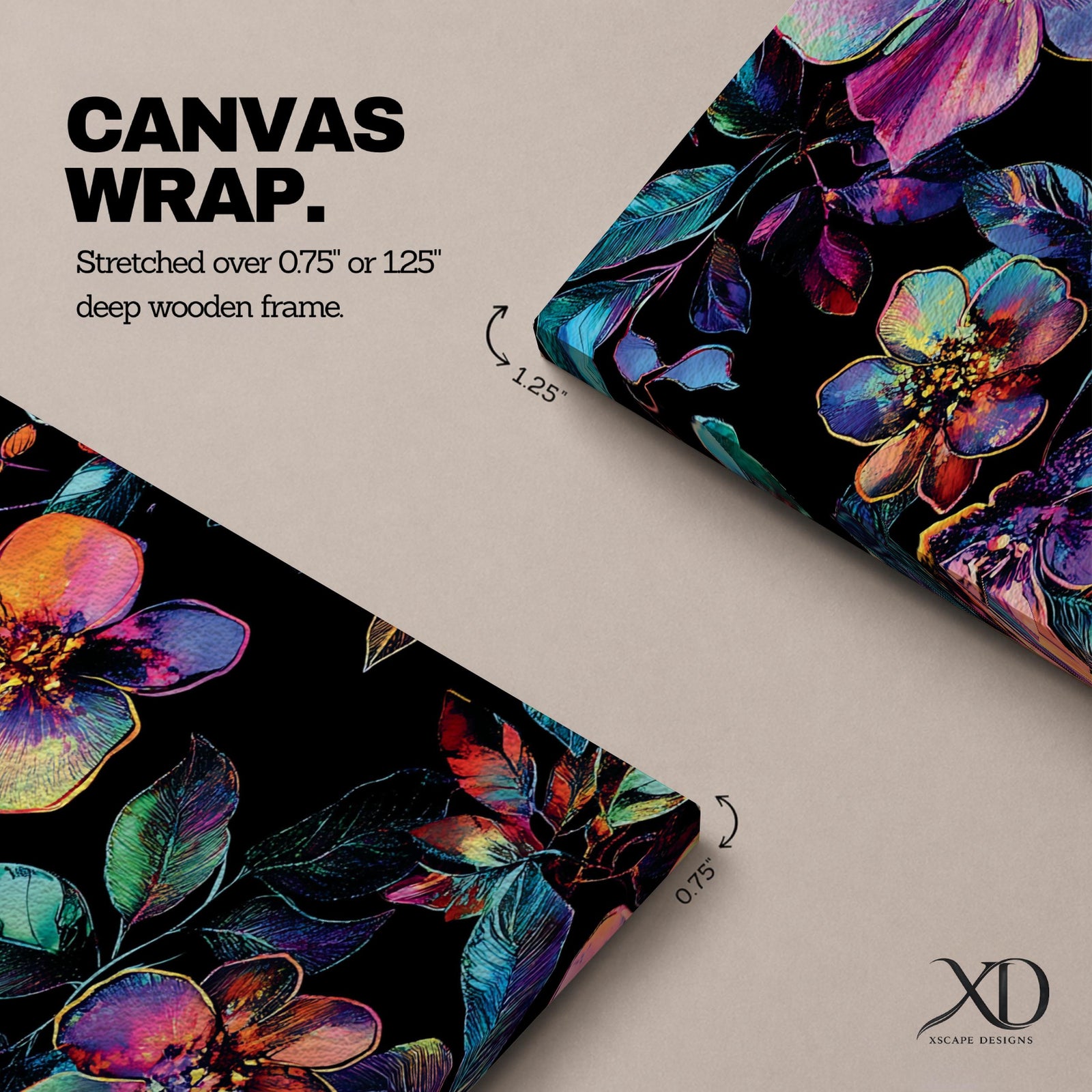 Tall vertical botanical artwork featuring glowing neon flowers in vibrant rainbow colors against a deep black background. Large luminous blossoms in pink, orange, purple, and blue are surrounded by detailed leaves, creating a modern floral composition with bold contrast and iridescent color transitions.