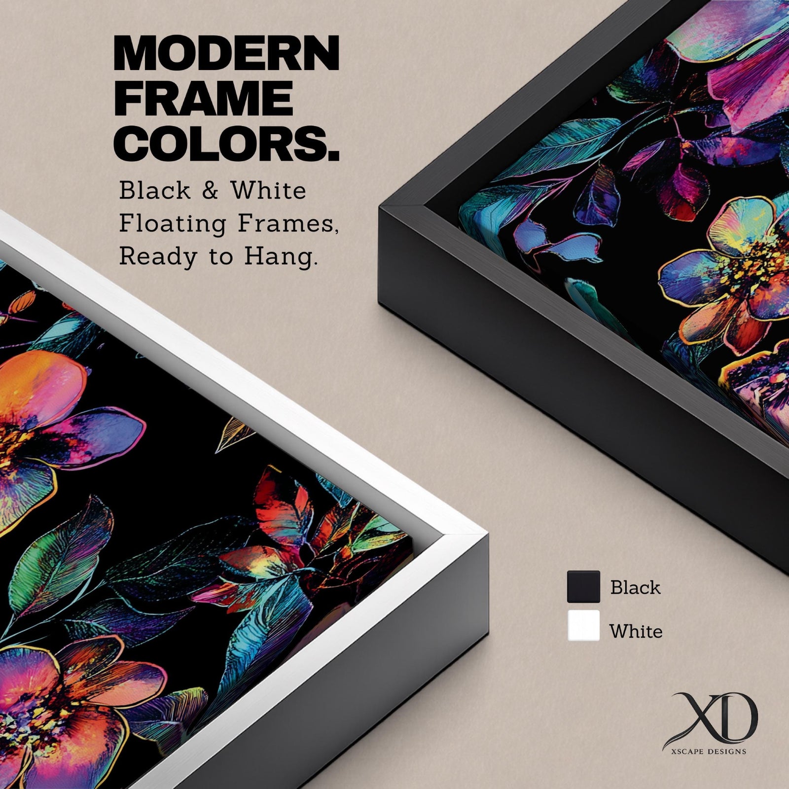 Tall vertical botanical artwork featuring glowing neon flowers in vibrant rainbow colors against a deep black background. Large luminous blossoms in pink, orange, purple, and blue are surrounded by detailed leaves, creating a modern floral composition with bold contrast and iridescent color transitions.