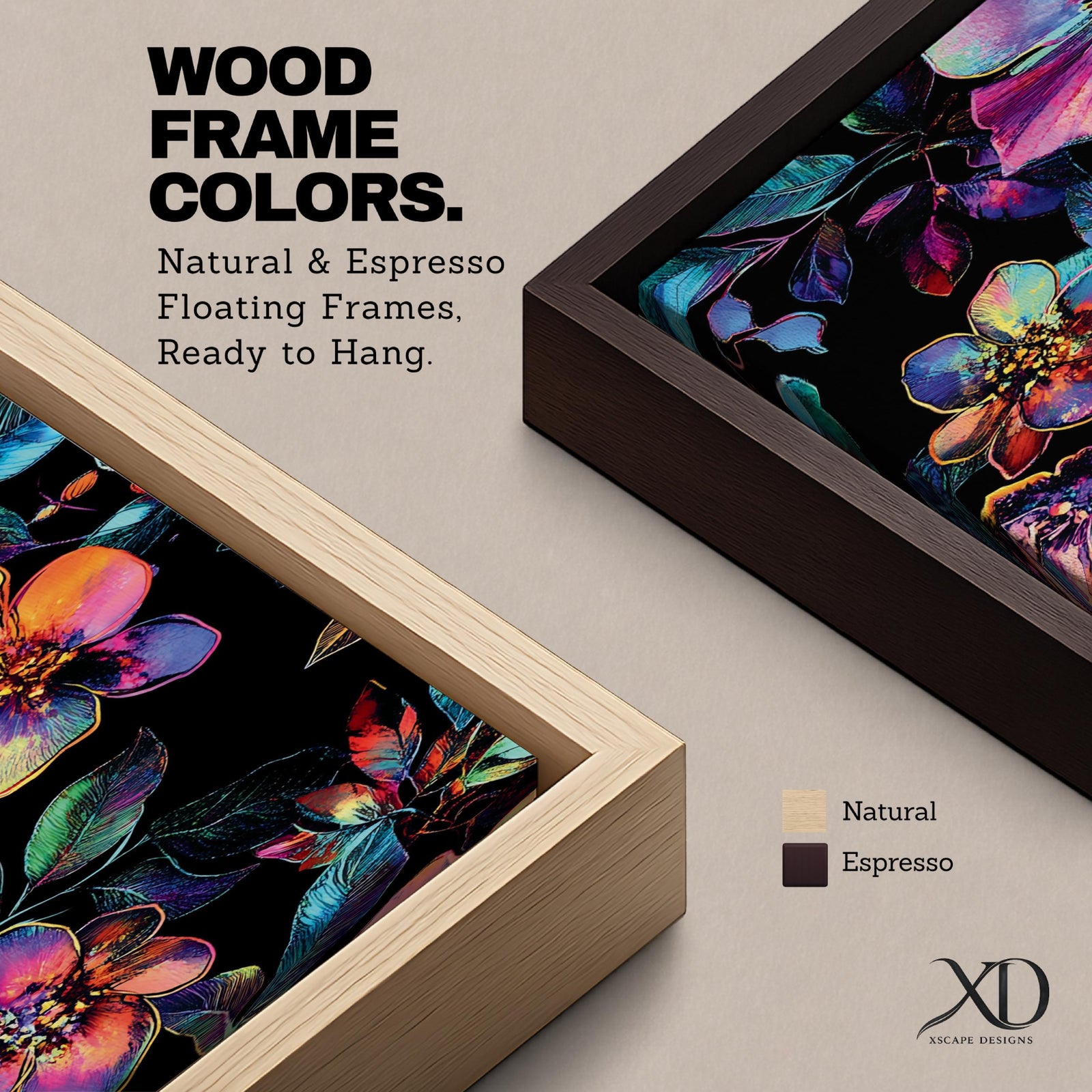 Tall vertical botanical artwork featuring glowing neon flowers in vibrant rainbow colors against a deep black background. Large luminous blossoms in pink, orange, purple, and blue are surrounded by detailed leaves, creating a modern floral composition with bold contrast and iridescent color transitions.