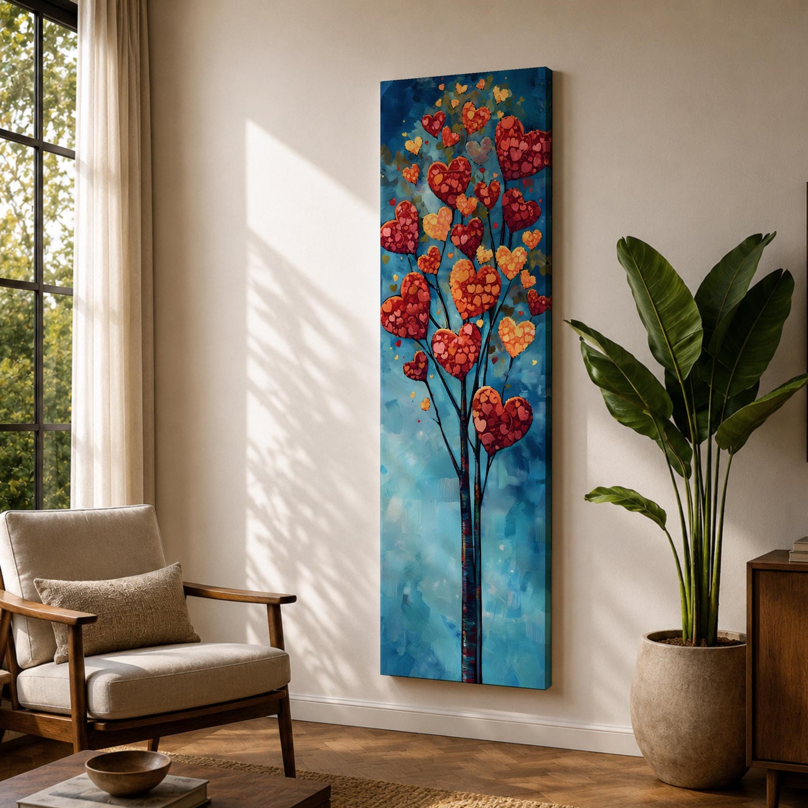 Tall vertical painting of a slender tree with branches filled with red and golden heart shaped leaves rising upward against a soft blue sky. The hearts cluster like blossoms along thin dark branches creating a romantic nature inspired composition with layered painterly textures.