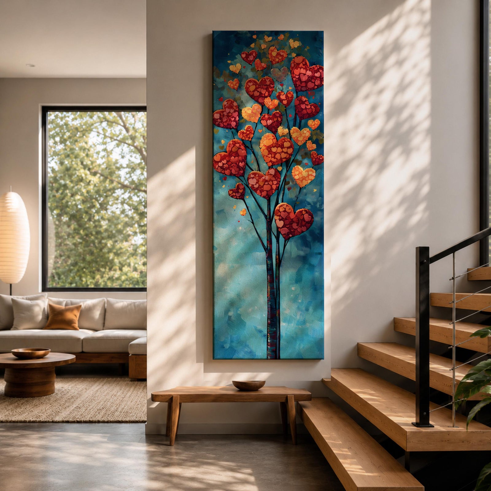 Tall vertical painting of a slender tree with branches filled with red and golden heart shaped leaves rising upward against a soft blue sky. The hearts cluster like blossoms along thin dark branches creating a romantic nature inspired composition with layered painterly textures.