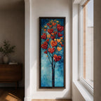 Tall vertical painting of a slender tree with branches filled with red and golden heart shaped leaves rising upward against a soft blue sky. The hearts cluster like blossoms along thin dark branches creating a romantic nature inspired composition with layered painterly textures.