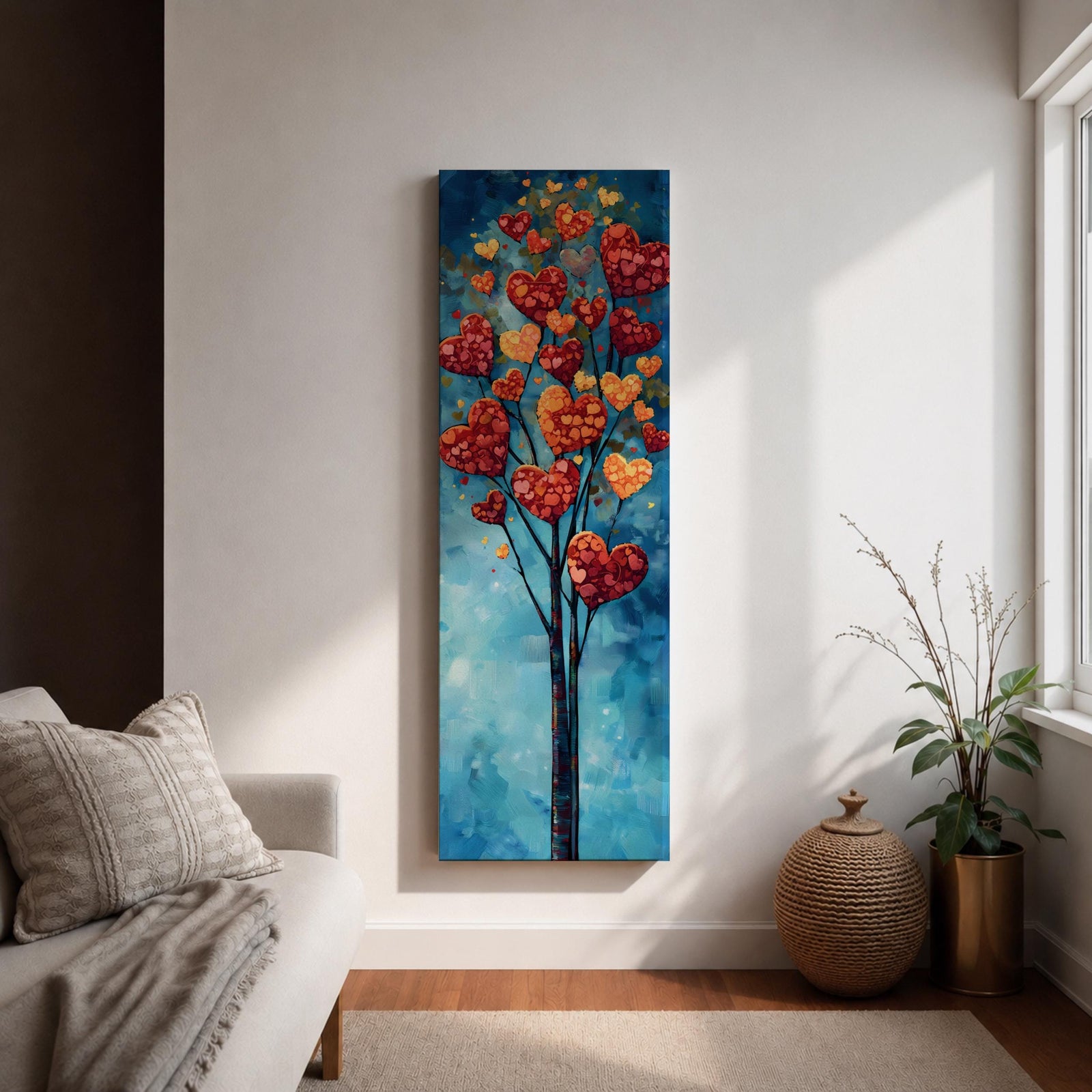 Tall vertical painting of a slender tree with branches filled with red and golden heart shaped leaves rising upward against a soft blue sky. The hearts cluster like blossoms along thin dark branches creating a romantic nature inspired composition with layered painterly textures.