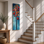 Tall vertical painting of a slender tree with branches filled with red and golden heart shaped leaves rising upward against a soft blue sky. The hearts cluster like blossoms along thin dark branches creating a romantic nature inspired composition with layered painterly textures.