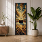 Tall vertical painting of the Kaaba at the center of Masjid al Haram in Mecca surrounded by the mosque courtyard and minarets. Dramatic golden clouds sweep across the sky above while textured oil brushstrokes create flowing patterns leading toward the Kaaba and the illuminated mosque architecture.