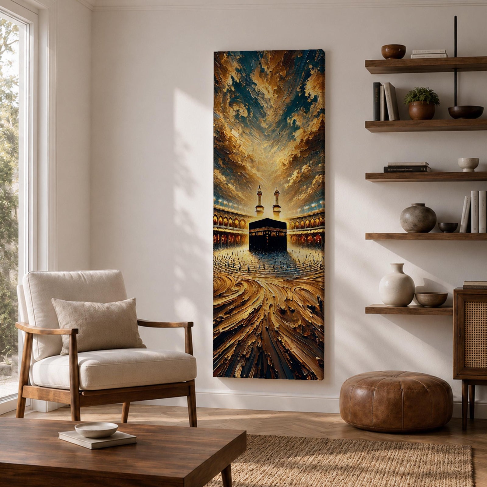 Tall vertical painting of the Kaaba at the center of Masjid al Haram in Mecca surrounded by the mosque courtyard and minarets. Dramatic golden clouds sweep across the sky above while textured oil brushstrokes create flowing patterns leading toward the Kaaba and the illuminated mosque architecture.
