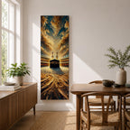 Tall vertical painting of the Kaaba at the center of Masjid al Haram in Mecca surrounded by the mosque courtyard and minarets. Dramatic golden clouds sweep across the sky above while textured oil brushstrokes create flowing patterns leading toward the Kaaba and the illuminated mosque architecture.