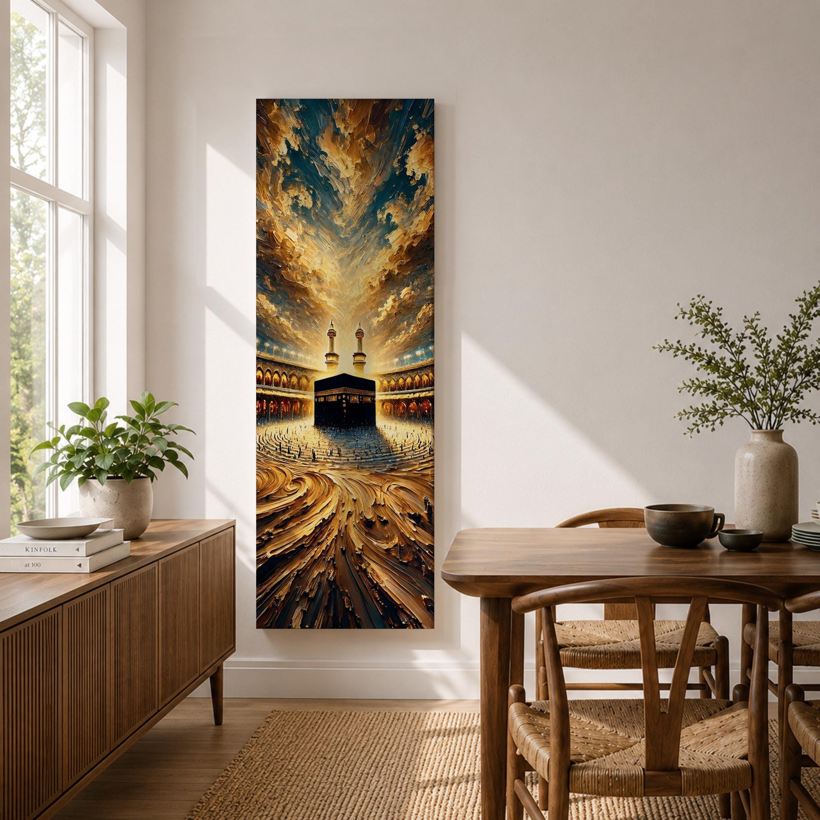 Tall vertical painting of the Kaaba at the center of Masjid al Haram in Mecca surrounded by the mosque courtyard and minarets. Dramatic golden clouds sweep across the sky above while textured oil brushstrokes create flowing patterns leading toward the Kaaba and the illuminated mosque architecture.