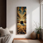 Tall vertical painting of the Kaaba at the center of Masjid al Haram in Mecca surrounded by the mosque courtyard and minarets. Dramatic golden clouds sweep across the sky above while textured oil brushstrokes create flowing patterns leading toward the Kaaba and the illuminated mosque architecture.