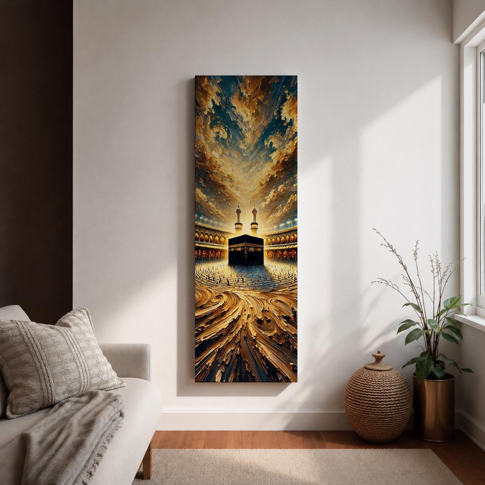 Tall vertical painting of the Kaaba at the center of Masjid al Haram in Mecca surrounded by the mosque courtyard and minarets. Dramatic golden clouds sweep across the sky above while textured oil brushstrokes create flowing patterns leading toward the Kaaba and the illuminated mosque architecture.